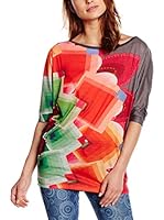 Desigual Camiseta Manga Larga (Gris / Coral)