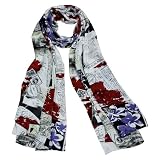 100% Satin Charmeuse Silk Newsprint Collage Long Scarf Shawl - Various Colors Available