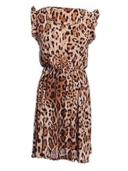 Scoop Neck  Leopard Print Short Sleeves Midi Dress  With Ruffles