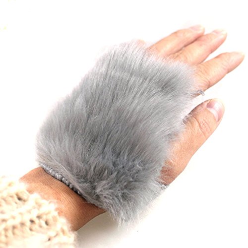 LOCOMO Women Girl Hand Warmer Fingerless Faux Fur Hair Gloves FAF035GRY Gray