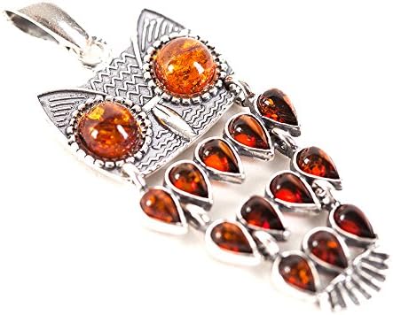 Sterling Silver 925 Cognac Cute Owl Pendant Baltic Amber