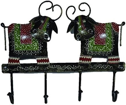 Treats of India- Designer Cow Wall Hook, Hand painted by Indian Artisans, Ornate, Beautiful, Ethnic, Stylish, Multipurpose, Animal figurine, Gifts- 28*5*23 cm wide(4 hooks)