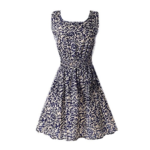 Hee Grand Women's Casual Summer Fit and Flare Floral Sleeveless Dress Chinese Rose