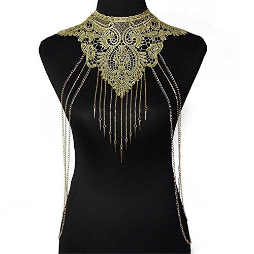 KeyZone Popular Women Charms Lace Hollow Flower Collar Body Chains Grateful Necklace Jewelry Set Golden