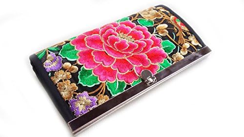 Peony Flower Hill Tribe Wallet Money Bag Embroidered Hippie Wristlet Lock Steel
