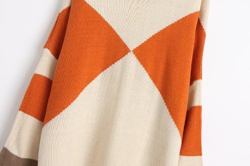 Orange Contrast White Long Sleeve Scarve Geometric Loose Sweater