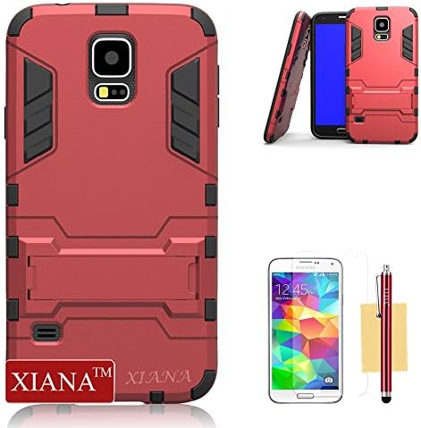 Galaxy S5 Case, XIANA Cool TPU+PC Hybird 2 in 1 Slim Fit Hard Back Case with Kickstand Suitable for Samaung Galaxy S5, with Stylus, Cleaning Cloth and Screen Protector-(Red)