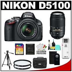 Nikon D5100 16.2 MP Digital SLR Camera & 18-55mm G VR DX AF-S Zoom Lens with 55-300mm VR Lens + 32GB Card + Case + (2) Filters + Remote + Tripod + Cleaning Kit