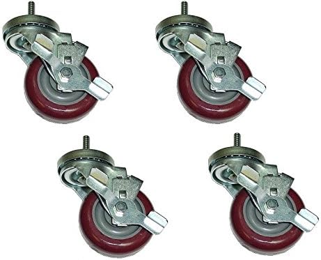 Set of 4 Swivel Stem Casters 3" Maroon Poly Wheel & 3/8" Threaded Stem & Brak...