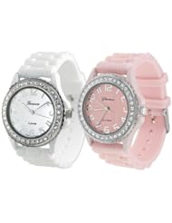 Womens Geneva TWO White and Light Pink Platinum Silicone Rubber Jelly with CZ Crystal Rhinestones Face Bling Bezel
