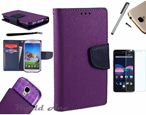 For Microsoft Lumia 550 Phone Case PU Leather Flip Cover Folio Book Style Pouch Card Slot Wallet + [WORLD ACC®] LCD Screen Protector+ Stylus (Purple/Navy Blue)