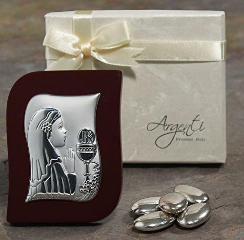 Large Silver First Communion Girl Icon on Wood Plaque- Imported from Italy