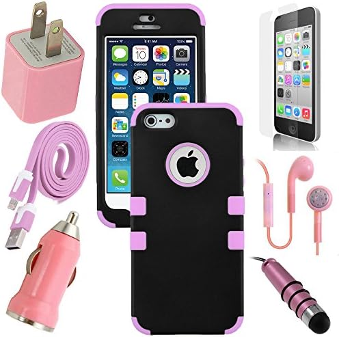 Celkits 7 Item Bundle for Apple iPhone 5 / 5S Baby Pink Triple Protective Hybrid Case Cover, USB Car Charger Plug, USB Home Charger Plug, USB 2.0 Data Cable, Metallic Stylus Pen, Stereo Headset & Screen Protector Kit.