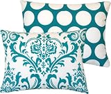 Turquoise Mist Collection - 12x16 Boudoir / Travel Decorative Throw Pillow Cover - Damask and Polka Dots - White and Blue Hues - 1 Pillow Cover, 2 Looks