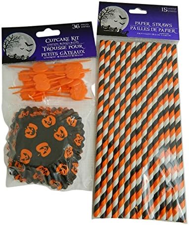 Halloween Jack O Lantern Pumpkin Cupcake and Straw 2 Pc. Bundle for 15
