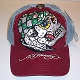 Ed Hardy - Ed Hardy Rhinestone Cap with Sports Skull Graphic - Cardinal/Gray Mesh