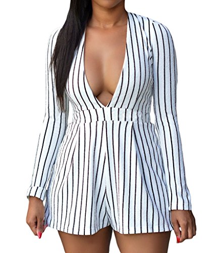 Huusa Sexy Womens Stripes Long sleeve Plunging V Neck Romper Clubwear
