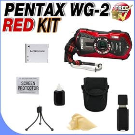 Pentax Optio WG-2 Adventure Series 16 MP Waterproof Digital Camera with 5 X Optical Zoom (Red) + Extra LI50B Extended Life Battery + Deluxe Case w/Strap + USB Card Reader + Accessory Saver Bundle!