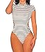 Shawhuwa Womens Sexy Striped Open Back Cap Sleeves Bodysuit S White