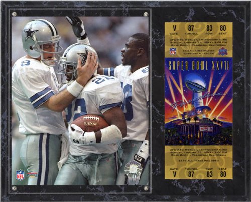 Troy Aikman, Michael Irvin, Emmitt Smith Sublimated 12x15 Plaque | Details: Dallas Cowboys, Super Bowl XXVII, with Replica ticket