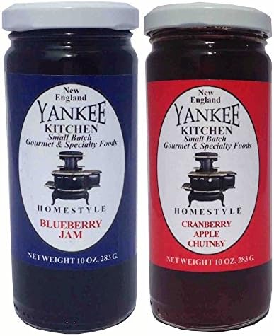 Yankee Kitchen Blueberry Jam and Cranberry Apple Chutney in 10 oz made using only 100% pure cane sugar. Kettle stirred with wooden paddles and hand poured for flavors not found in groceries