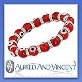 Evil Eye Murano Glass Judaica Hamsa Charm Stretch Bracelet - Red