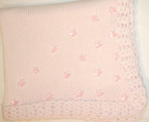 Hand Knitted Light Pink Cotton Finished By Hand Crochet Baby Blanket Trimmed with Pink Pearl Center Satin Flowers