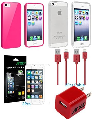 ATXE 2pcs TPU Rubber Skin Case Compatible for Apple iPhone 5 5S + Wall charger+2 data cable+2 Screen Protect for iPhone 5 / 5S