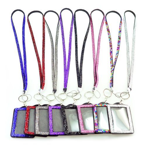 Rhinestone Bling Lanyard with Horizontal Lined ID Badge Holder and Key Chain