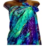 ArtisanStreet's Hand Painted Silk Sarong. Features Jewel Tone Colors of Emerald Green, Blue Violet & Turquoise Blue in a Mottled Design. One of a Kind. Signed By Artisan.