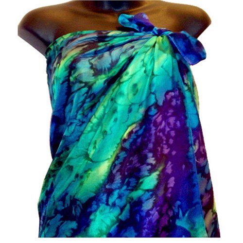 ArtisanStreet's Hand Painted Silk Sarong. Features Jewel Tone Colors of Emerald Green, Blue Violet & Turquoise Blue in a Mottled Design. One of a Kind. Signed By Artisan.