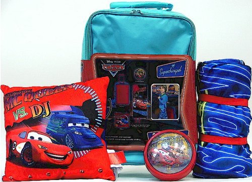 Cars Disney Turquoise Rolling Slumber Set - Sleeping Bag, Push Light, Pillow & Trolley