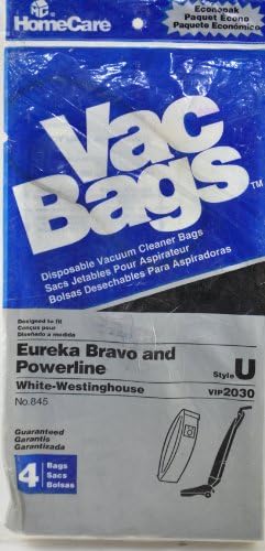 HomeCare Home Care Vac Bags Style U No. 845 - EUREKA / Bravo / Powerline White-Westinghouse VIP2030 - 4 Bags