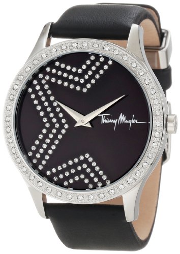 Thierry Mugler Women's 4711302 Crystal Accented Black Dial Black Leather Watch