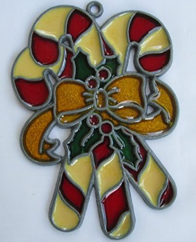 Resin Stained Glass Candy Canes with Gold Ribbon Suncatcher Ornament