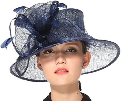 Church Kentucky Derby Carriage Tea Party Wedding Wide Brim Sinamay Hat Navy Blue