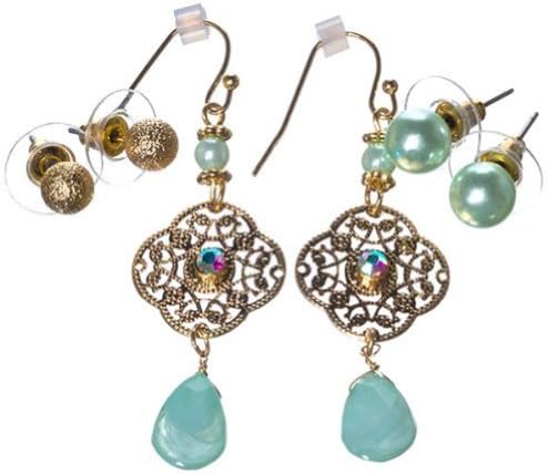 Gold Tone 3 Pair Stud & Filigree Dangle with Crystals Fashion Earrings Set - Ball studs, Glass Pearl Studs & Dangles with Crystals (Mint Green)