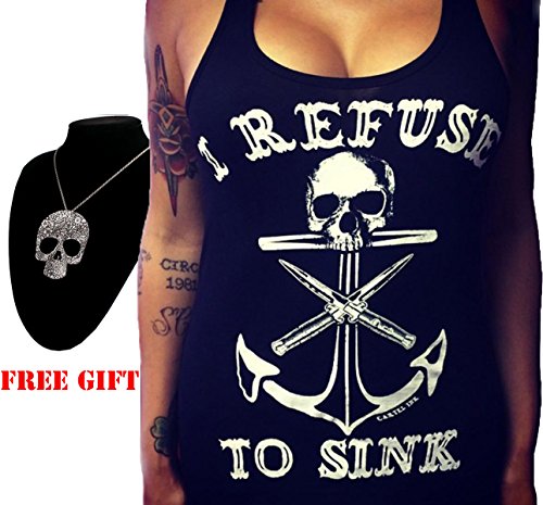 Perman Women Sexy Boat Anchor Skull Printing Vest Sleeveless Tank Tops Necklace