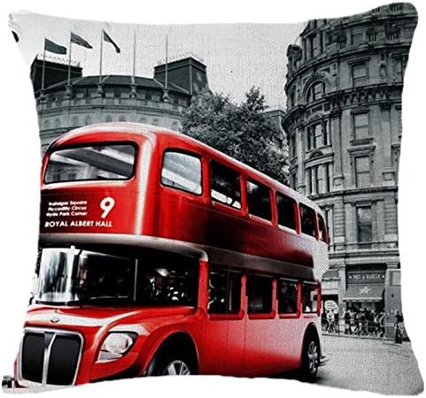 London Red Double-decker Bus Pattern Square Zippered Cotton Linen Printed Pillowcase Throw Cushion Cover, 18 "X 18 "