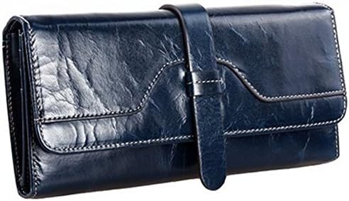 Women's Oil Wax Cow Leather Large Wallet Trifold Zipper Smartphone Purse with Zipper Pocket, Blue
