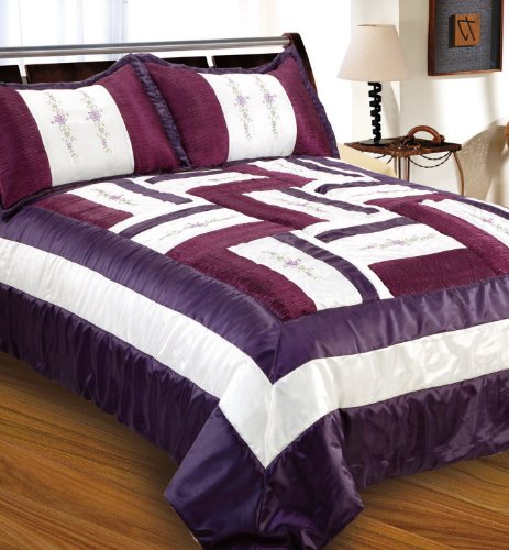Double 3Pcs Luxury Purple Patchwork Quilted Embroidered Bedspread Comforter Set Size 200cm x 240cm, ETEN