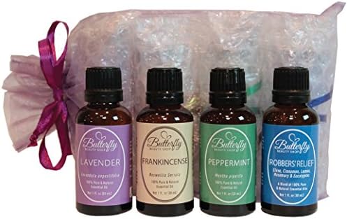 Essential Oil Gift Set - Beautifully Packaged. Contains The Top 4 Oils: Lavender, Peppermint, Frankincense & Robbers' Relief. All 100% Pure, Natural & Undiluted. Tips & Uses Guided Included.