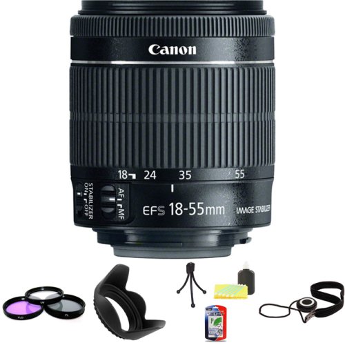 Canon EF-S 18-55mm f/3.5-5.6 IS STM Lens + 58mm 3 Piece Filter Kit + 58mm Tulip Lens Hood + Mini Tripod Kit + Lens Cap Keeper On Sale