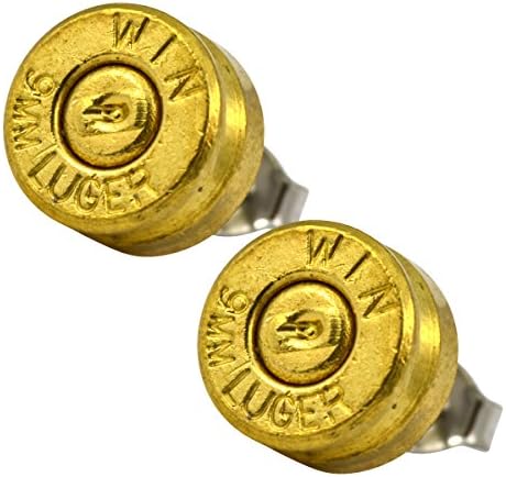 ENREVERIE Designer Vintage Brass 9mm Bullet Shell Stud Earrings w Brass Primer