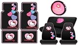 Hello Kitty Sanrio Hearts Design Auto Accessories Combo Set - Front & Rear Floor Mats, Seat Covers, Steering Wheel Cover and a Bench Seat Cover with Embroidered Outline of Heart Logo