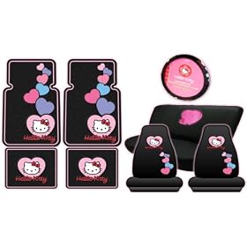 Hello Kitty Sanrio Hearts Design Auto Accessories Combo Set - Front & Rear Floor Mats, Seat Covers, Steering Wheel Cover and a Bench Seat Cover with Embroidered Heart Logo