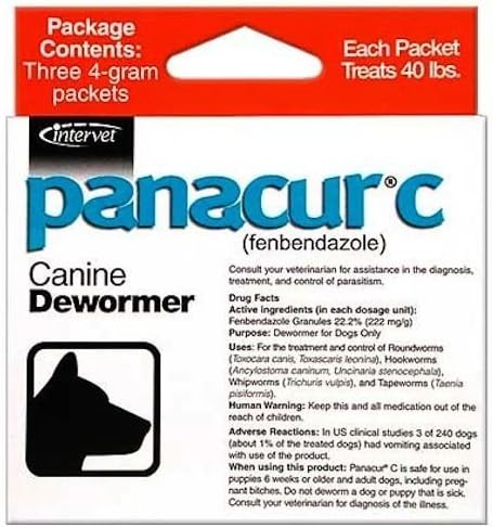 Panacur C Canine Dewormer Dogs 4 Gram Each Packet Treats 40 lbs (3 Packets)