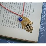 Long Kabbalah Necklace- Red Silk and Gold Hamsa with Blue Evil Eye Bead
