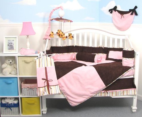 Boutique Pink & Brown Suede 10pcs Baby Crib Bedding Set