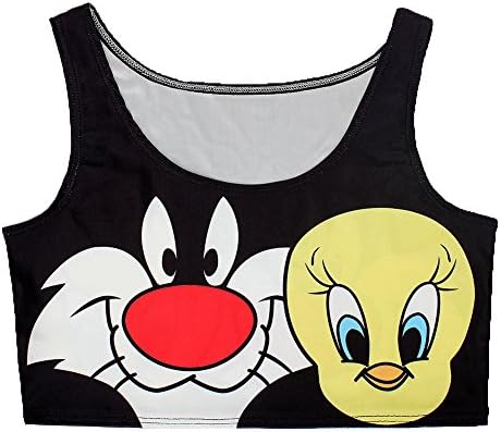 VILLI Women's The Last Hungry Cat Digital Print Sleeveless Crop Midriff Stretch Tank Top